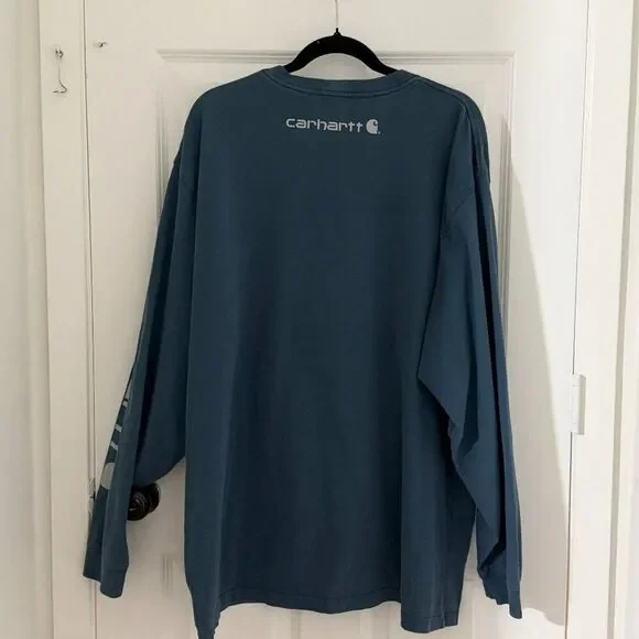 Men Carhartt Original Fit Long Sleeve Logo Shirt Slate Blue Size 2XL - Picture 3 of 8